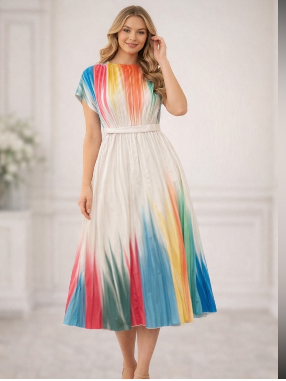 White Midi Dress with Multicolor Ombre Panels and Belt